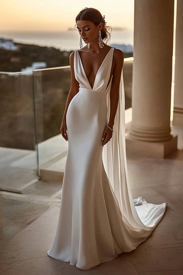 Simple Ivory Satin Watteau Train V Neck Mermaid Wedding Dress